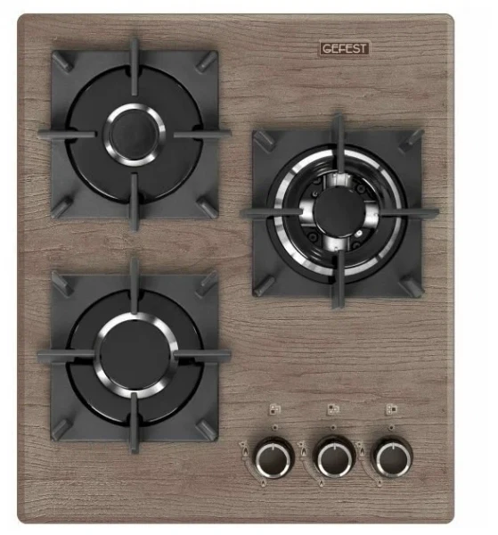 Газовая варочная панель GEFEST ПВГ 2100-01 К97, коричневый / с рисунком "дерево", 3 конфорки, газ-контроль, электророзжиг, чугунные решетки