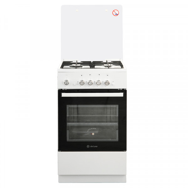 Газовая плита De Luxe 5040.32Г КР ЧР, белая, стеклянная крышка, чугун, управление механическое, электроподжиг, 46 л, 4 конфорки