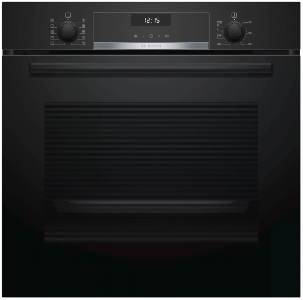Электрический духовой шкаф Bosch HBG517EB0R, Serie 6, чёрный, утапливаемые переключатели, 7 режимов, AquaClean, телескопические направляющие