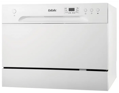 Компактная посудомоечная машина BBK 55-DW012D, белая, 6 комплектов посуды, сушка конденсационная, 6 температурных режимов