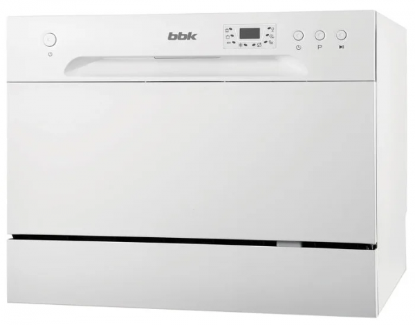 Компактная посудомоечная машина BBK 55-DW012D, белая, 6 комплектов посуды, сушка конденсационная, 6 температурных режимов