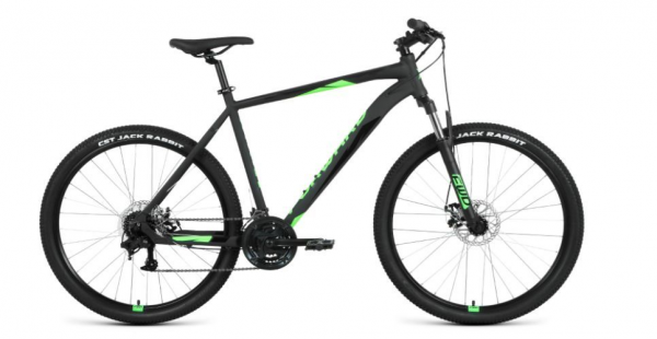 Велосипед FORWARD APACHE 27,5 2.2 D (27,5" 21 ск. рост. 15") 2022, черный матовый/ярко-зеленый, RBK22FW27298