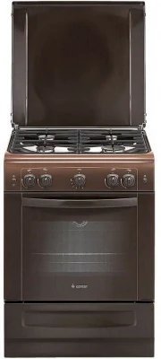 Газовая плита GEFEST 6100-01 0301, коричневая, гидролизная очистка, полный газ-контроль, чугунные решетки, электророзжиг горелок, металлическая крышка