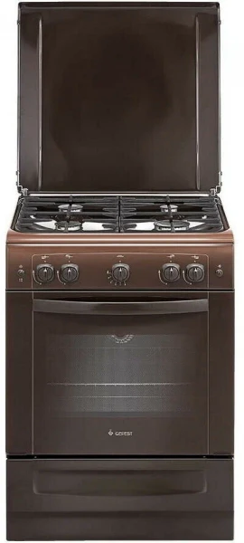 Газовая плита GEFEST 6100-01 0301, коричневая, гидролизная очистка, полный газ-контроль, чугунные решетки, электророзжиг горелок, металлическая крышка