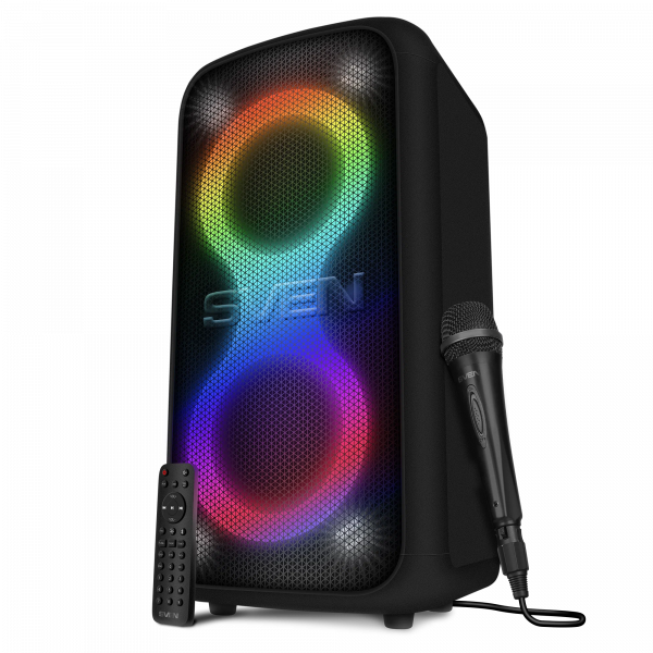 Портативная колонка SVEN PS-1000, Аудиосистема для вечеринок с Bluetooth и FM-радио, 160 Вт, Стробоскоп