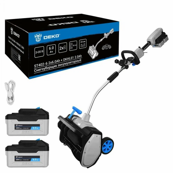 Снегоуборщик DEKO ST402-6, 2*20В, 2*6.0Ач со съёмной фарой DKHL01 2.0Ач 083-4444