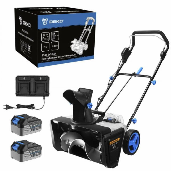 Снегоуборщик DEKO ST41, 2*20В, 2*5.0Ач, 50см, 2 фары 085-4445