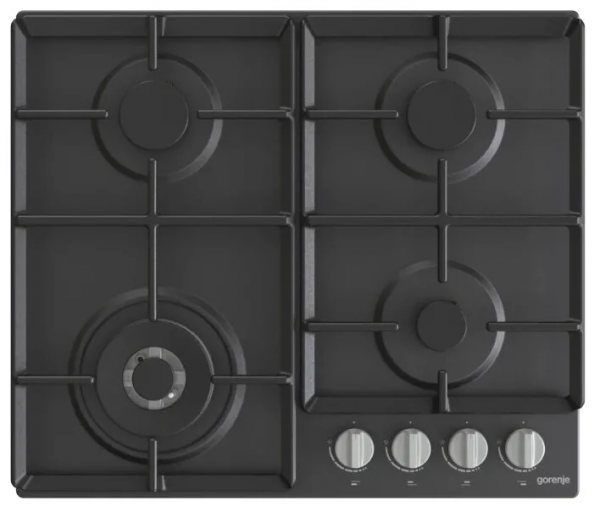 Газовая варочная панель Gorenje G641EXB, чёрная, 4 конфорки, газ-контроль, поворотные переключатели, электроподжиг, чугунные держатели