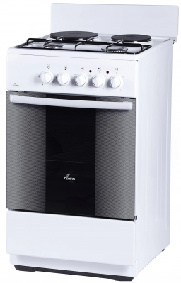 Комбинированная плита Flama RK 2201 W, белая, конфорок газовых 2 шт, электрических  2 шт, традиционная очистка, эмалированная, 50 л