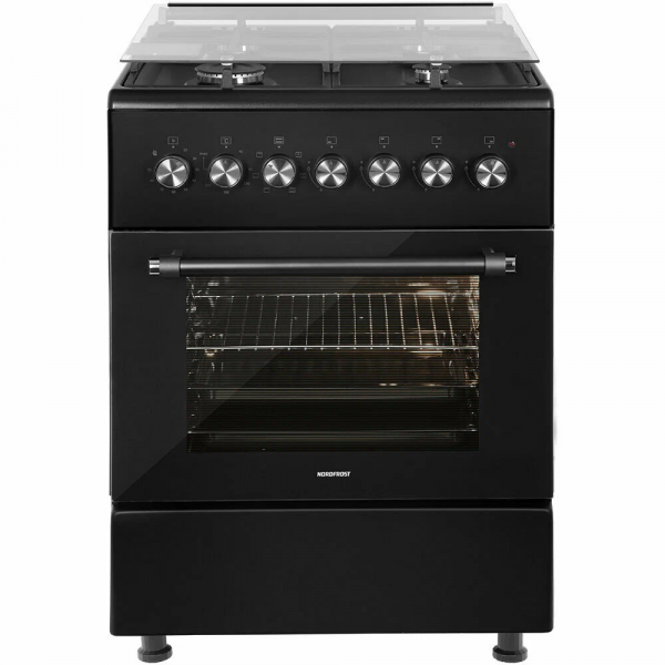 Комбинированная плита NordFrost GE 6064 B черный, комбинированная, 4 газовые конфорки, 63 л, электроподжиг, электрическая духовка