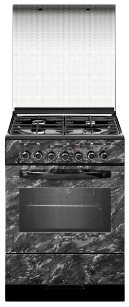 Плита комбинированная GEFEST ПГЭ 6302-03 0053, чёрный мрамор, гидролизная очистка, чугунные решетки, электроподжиг, газ-контроль горелок стола, стеклянная крышка, 4 конфорки, 55 л