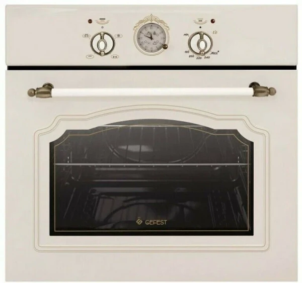 Газовый духовой шкаф GEFEST ДГЭ 601-01 К64, кремовый с рисунком "ретро", газ-контроль, электророзжиг, с электрическим грилем, механическое управление