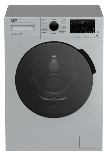 Стиральная машина Beko WSPE7H616S, серый/черный, с фронтальной загрузкой, с паром, 7.5кг, 1200об/мин, инверторная, 15 программ